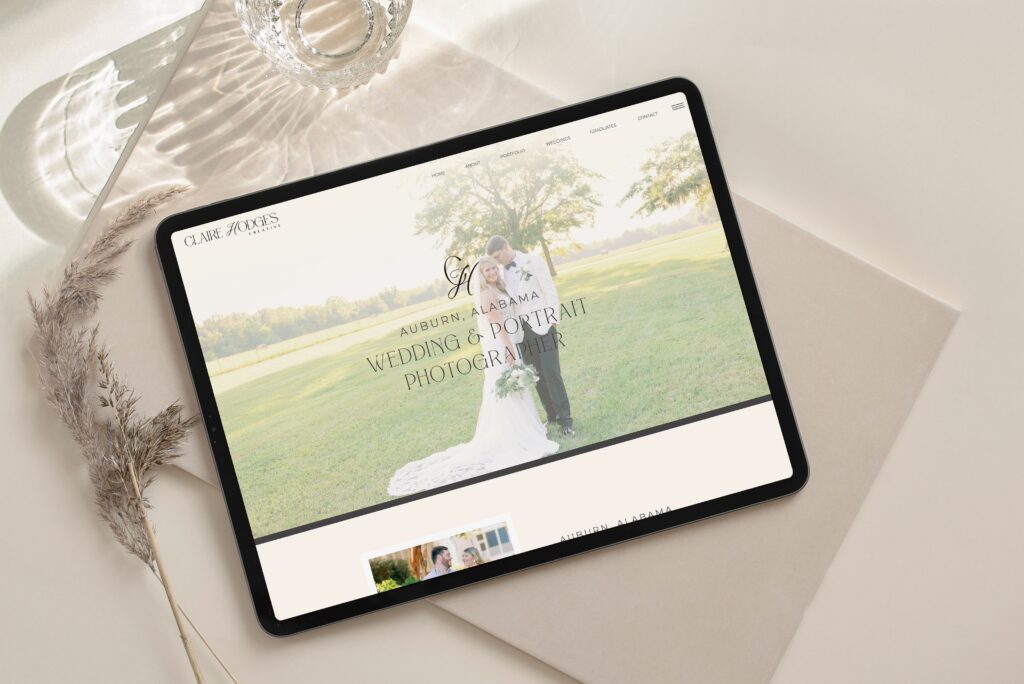 Portrait and Wedding Photographer Website Mockup on Desk Background