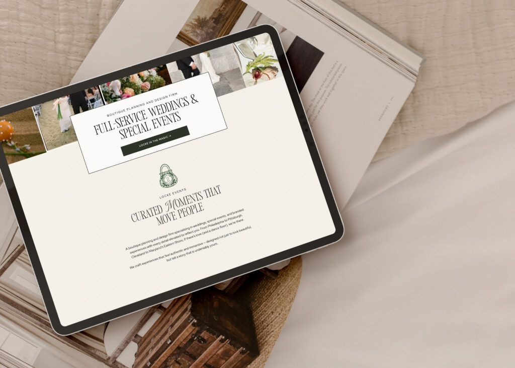 Wedding planner landing page mock-up on a tablet with a magazine in the background made by a Showit website designer
