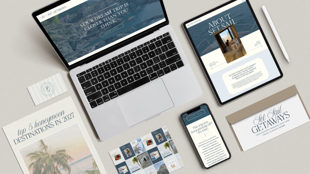 Luxury travel advisor brand, website, social, and email design on a flatlay