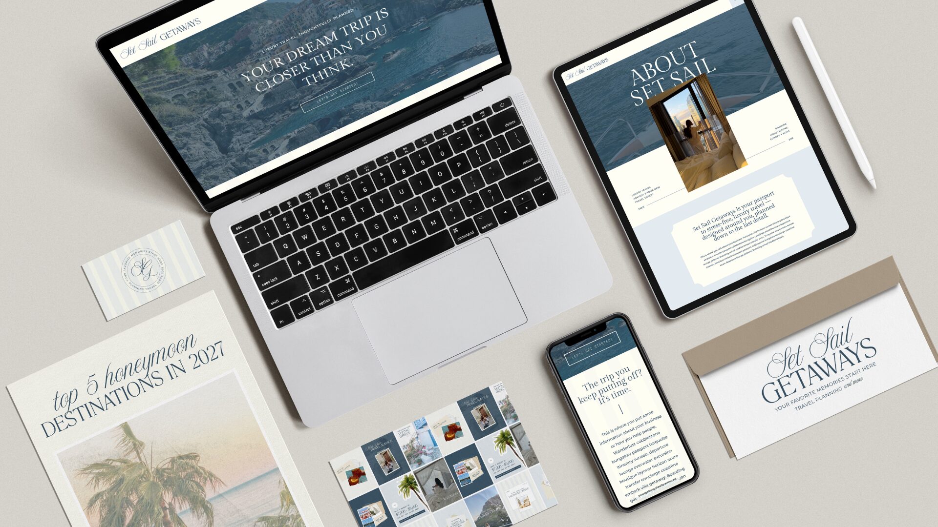 Luxury travel advisor brand, website, social, and email design on a flatlay